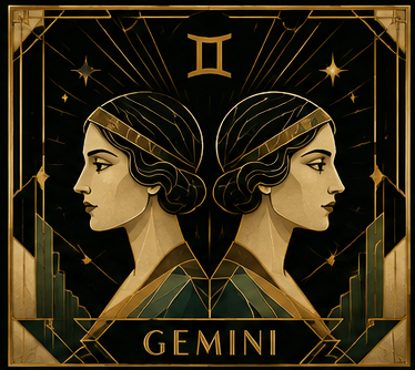 Gemini art deco image, green and gold